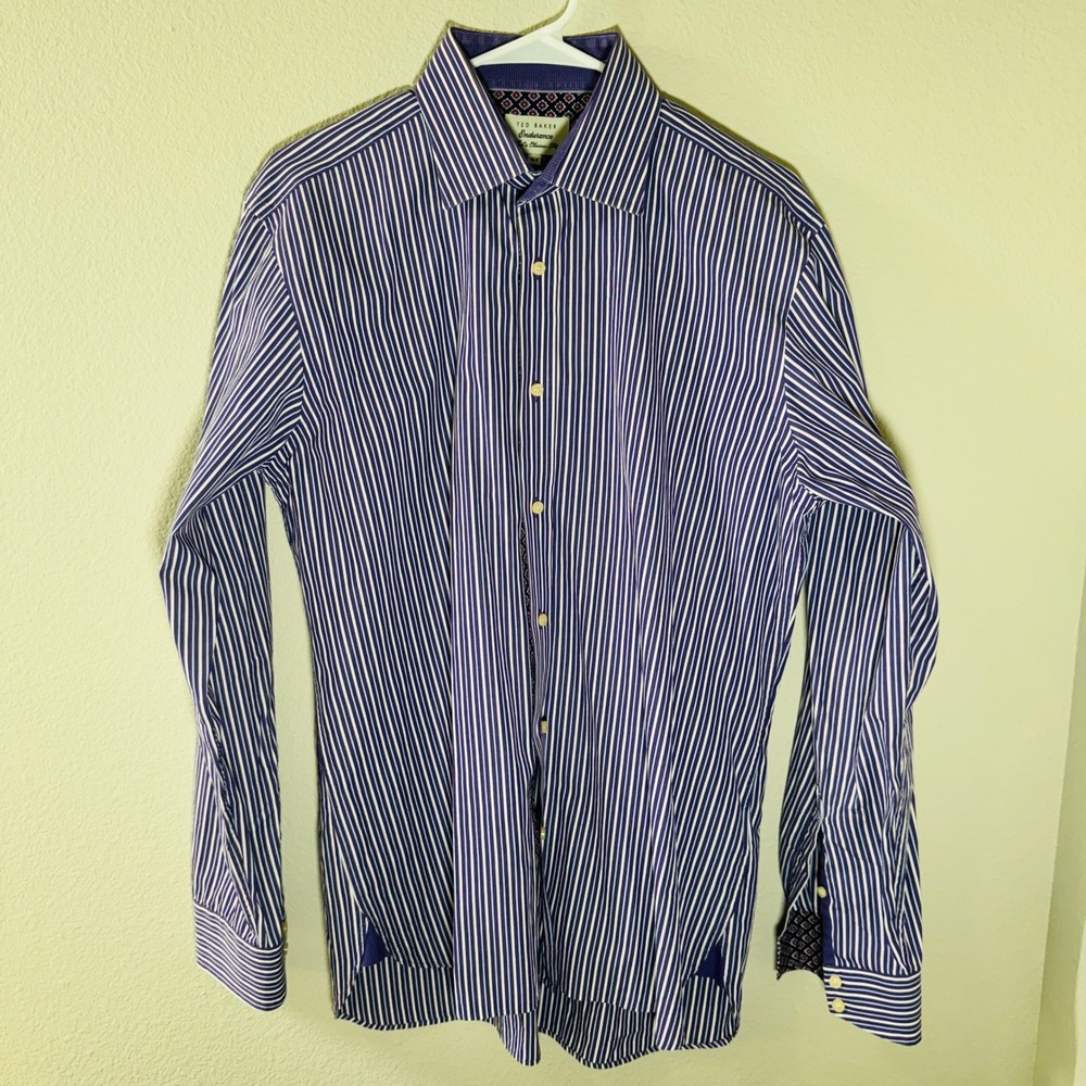 Ted Baker Endurance Men's Purple‎ Blue Striped Dress Shirt Classic Fit 16.5 L